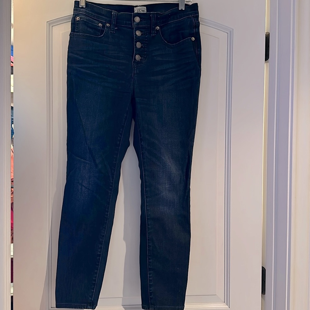 JCrew dark blue toothpick jeans. Button fly. Size 28P